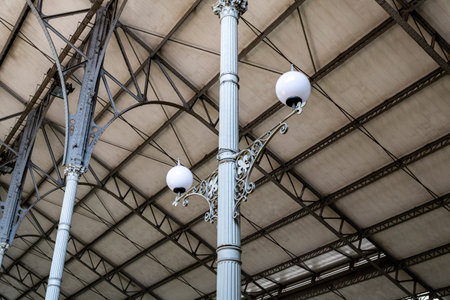 View of the columns supporting the iron structure covering the platforms of the Rossio railway...