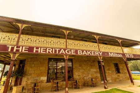 Detail of The Heritage Bakery house, built in 1870 in Georgian style, during the December 2019 bushfires in Milton, Shoalhaven, Nsw, Australiaのeditorial素材