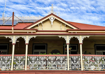 Detail of the beautiful wrought iron balustrade of the Federal Hotel in the town of Childers,...