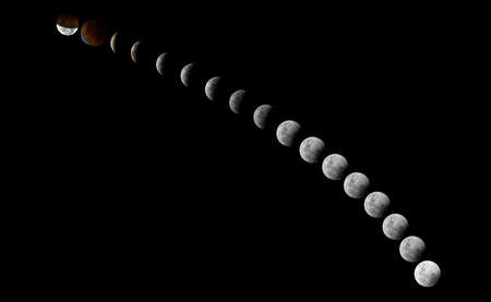 A total lunar eclipse takes places when the Earth comes between the Sun and the Moon and its shadow covers the Moon. The Moon turns red when the eclipse reaches totality.の写真素材