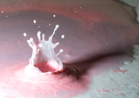 Water drop crown splash on pink yoghurtの写真素材