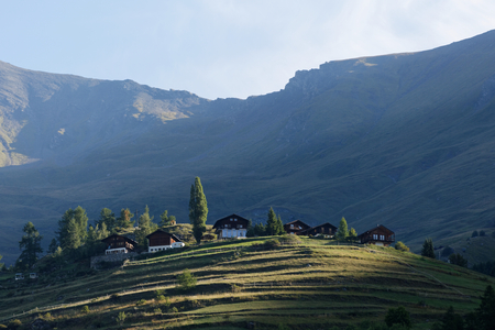 Idyllic cottages in the Swiss village on the hill lit by the morning sunlightの写真素材