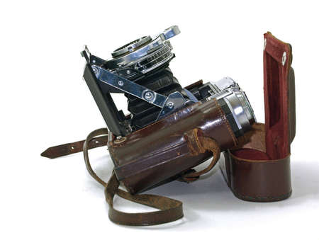 vintage film camera on brown leather case      の写真素材