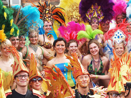 COPENHAGEN - MAY 26: Participants in the 30th annual Copenhagen Carnival parade of fantastic costumes, samba dancing and Latin styles starts on May 25, 2012 in Copenhagen, Denmark.のeditorial素材