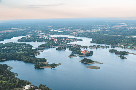 Aerial view of the island of Trakai, Lithuania. View from above.の写真素材