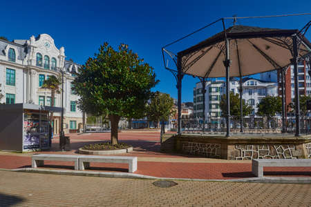 View of the Town Hall and the music kiosk of the Asturian city of Luarca. In the municipality of Valdes.の写真素材