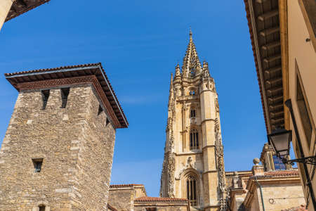 View of the tower of the Cathedral of Oviedo, Uvieu, in Asturias.の写真素材
