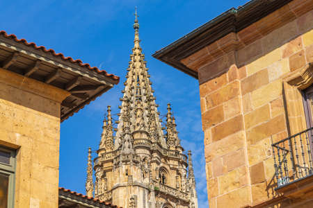 View of the tower of the Cathedral of Oviedo, Uvieu, in Asturias.の写真素材