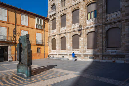 Leon, Spain, February 3, 2019. Sculpture Tribute to the builders of cathedrals in Leon.のeditorial素材