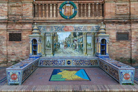 Plaza of Spain in Seville. Ceramic tiles with the theme of the province of Valencia, in Spain.の写真素材