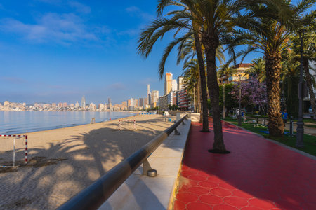 Poniente beach promenade in the tourist city of Benidorm, in Alicante, Spain.のeditorial素材