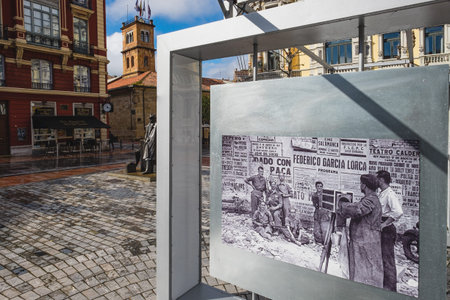 Oviedo, Uvieu, April 3, 2022. Exhibition 50 photographs with history in Porlier square in Oviedo.のeditorial素材