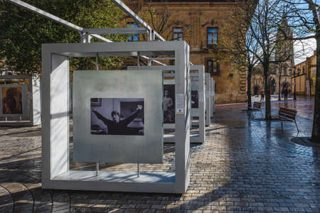 Oviedo, Uvieu, April 3, 2022. Exhibition 50 photographs with history in Porlier square in Oviedo.のeditorial素材