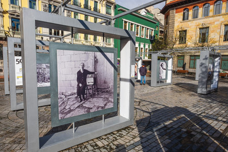 Oviedo, Uvieu, April 3, 2022. Exhibition 50 photographs with history in Porlier square in Oviedo.のeditorial素材
