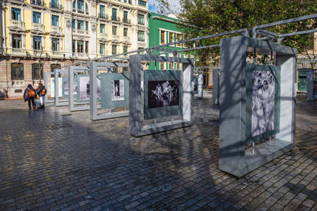 Oviedo, Uvieu, April 3, 2022. Exhibition 50 photographs with history in Porlier square in Oviedo.のeditorial素材