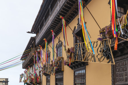 La Orotava, Tenerife, Spain, June 21, 2022.Balconies decorated for Corpus Christi in the city of La Orotava in Tenerife, Canary Islands.のeditorial素材