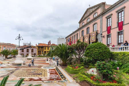 La Orotava, Tenerife, Spain, June 21, 2022. Preparation of colorful carpets for Corpus Christi in the city of La Orotava in Tenerife, Canary Islands.のeditorial素材