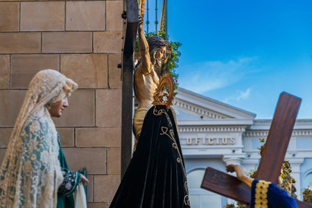 Aviles, Asturias, Spain, April 15, 2022. Holy Week procession in the city of Aviles in Asturias.