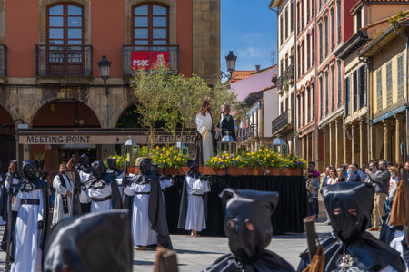 Aviles, Asturias, Spain, April 15, 2022. Holy Week procession in the city of Aviles in Asturias.