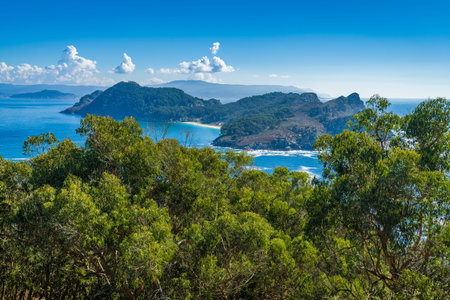 View of the Cies Islands with the island of San Martino in the background. . Galicia, Spain.