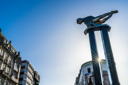Vigo, Spain, October 8, 2022. Sculpture of El Sireno in La Puerta del Sol, in Vigo, Galicia, Spain.のeditorial素材