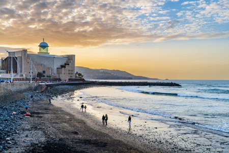 Las Palmas, Spain, December 31, 2022. Alfredo Kraus Auditorium and Las Canteras beach in Las Palmas,のeditorial素材