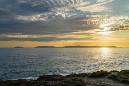 Sunset over Ons Island in the province of Pontevedra, Galicia, Spain.の写真素材