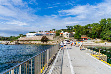 Ons Island, Pontevedra, Spain, September 7, 2023. Tourists at a mooring, arriving at Ons Island, in Pontevedra, Galicia.のeditorial素材