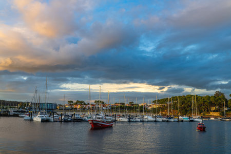 Portonovo, Spain, September 9, 2023. View of the port of Portonovo at sunset, in Pontevedra, Galiciaのeditorial素材