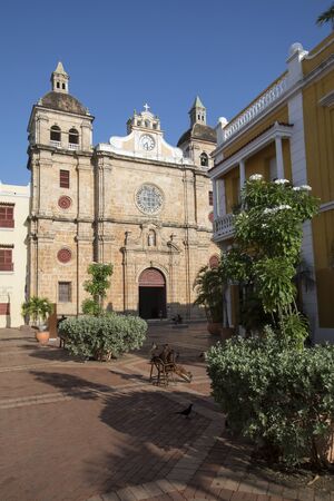 View of colonial architecture and San Pedro Claver church in Cartagena Colombiaの写真素材