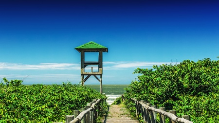  Wooden pathway leading to beautiful tropical beachの写真素材