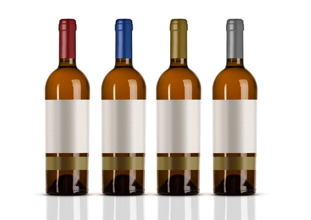 Group of white wine bottles with white labelの写真素材