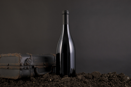 Wine Bottle with grapes in a traditional environment in a black backgroundの写真素材