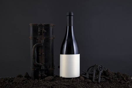 Wine Bottle with grapes in a traditional environment in a black backgroundの写真素材