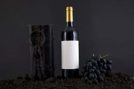 Wine Bottle with grapes in a traditional environment in a black backgroundの写真素材