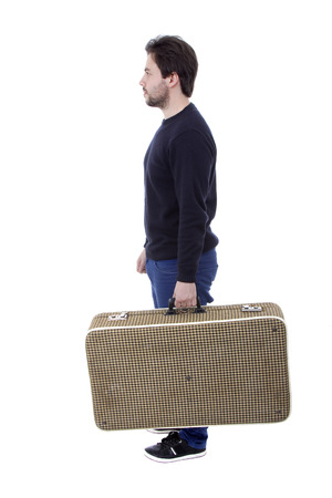 young silly man traveler, full body on white backgroundの写真素材