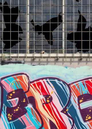 Close-up of graffiti on the walls of an abandoned factoryのeditorial素材