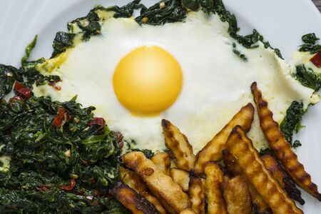 Plate with fried egg, spinach and potatoes の写真素材