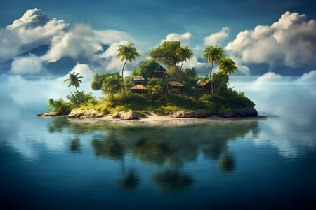 Tropical island with palm trees and bungalows in the seaの素材