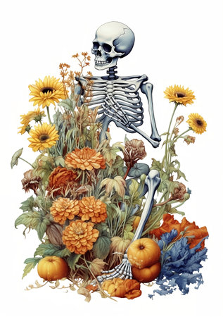 Skeleton with autumn flowers and pumpkins isolated on white background.の素材