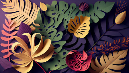 Tropical background with monstera leaves. paper cut illustration. 3d render, generative AIの素材