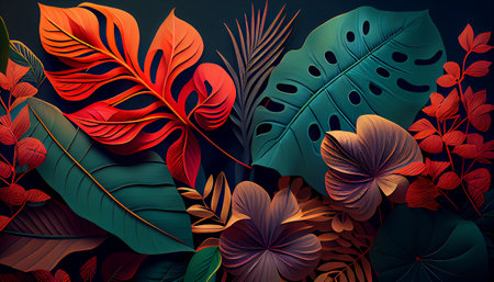 Tropical leaves background, vector illustration. Exotic jungle design. 3d render, generative AIの素材