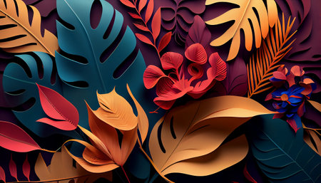 Tropical background with monstera leaves and flowers. 3d render, generative AIの素材