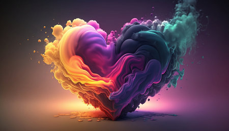 3d rendering of heart shape made of colorful smoke in dark backgroundの素材