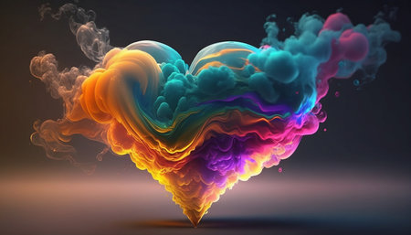 Colorful smoke in the shape of a heart on a dark backgroundの素材