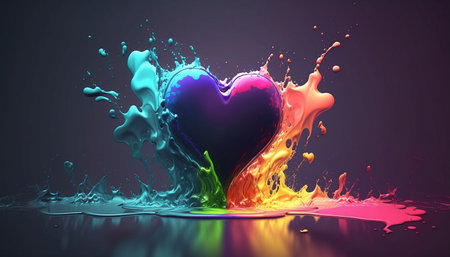Colorful splashes of paint in the shape of a heart. 3d renderの素材