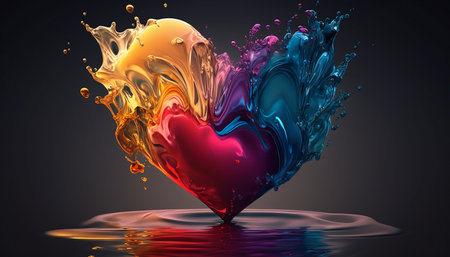 3d rendering of heart shape made of colorful splashes on black backgroundの素材