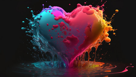 Colorful heart with splashes on black background. 3d renderの素材