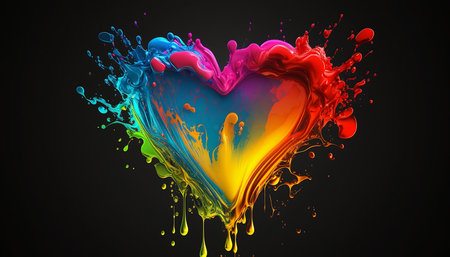 Colorful splashes in shape of heart on black background. 3d renderの素材