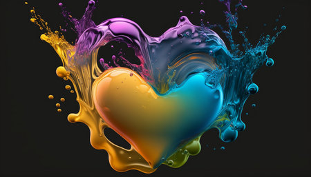 Colorful heart shaped paint splashing on black background. 3d renderの素材